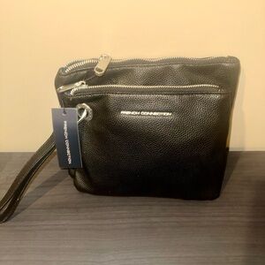 NWT French Connection Black Leather Wristlet Bag
